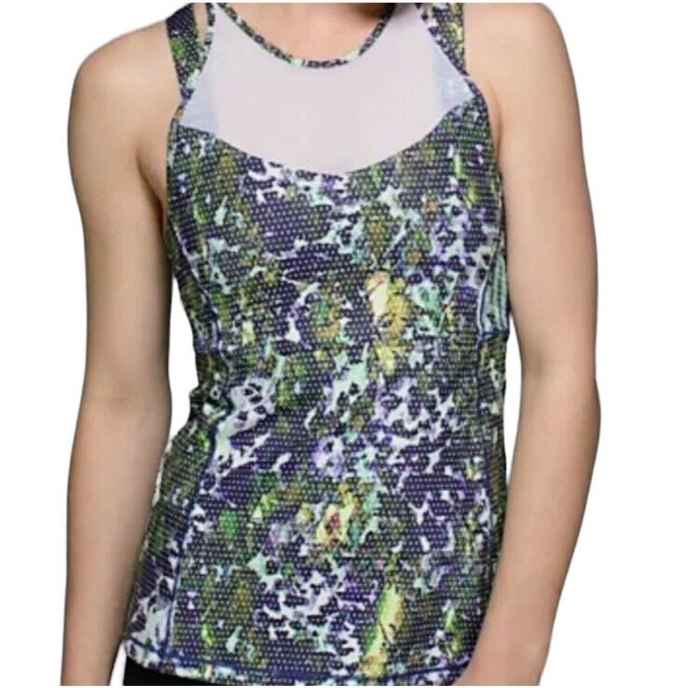 LULULEMON Running in the City Tank Top Women Size 6 Floral Mesh Green Yoga Gym